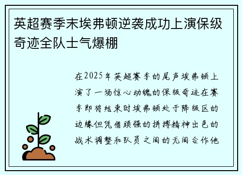 英超赛季末埃弗顿逆袭成功上演保级奇迹全队士气爆棚